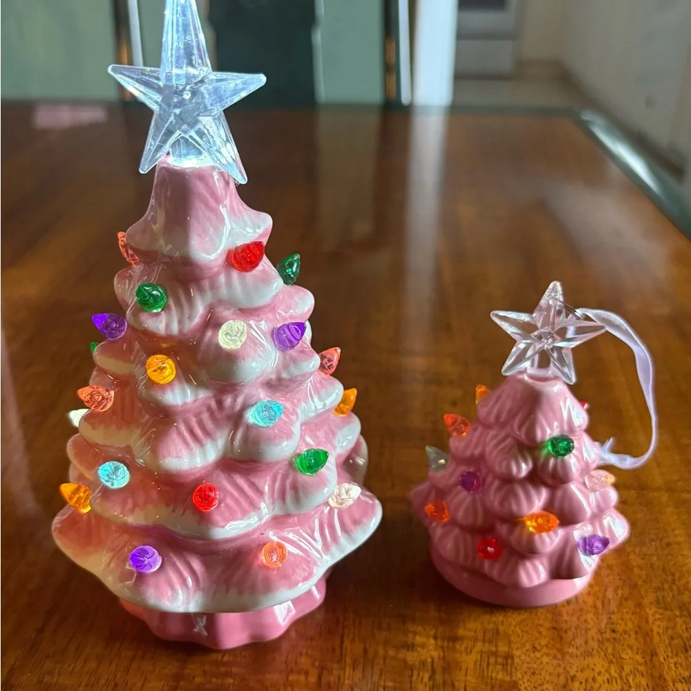 Pink Ceramic Holiday Tree Set with Clear Star Toppers Ornament and Standing Tree